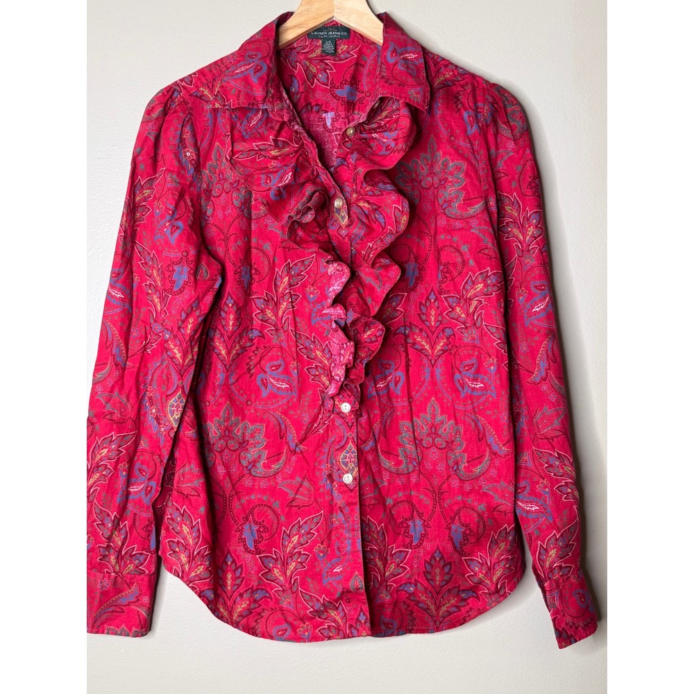 Lauren Ralph Lauren Red Paisley Ruffle Front Button Down Shirt Womens Large LRL